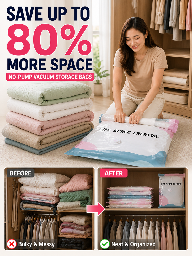 2026 New No Pump Large Vacuum Storage Compression Bags,Thick and Airtight Reusable Organizer Suitable for Clothes