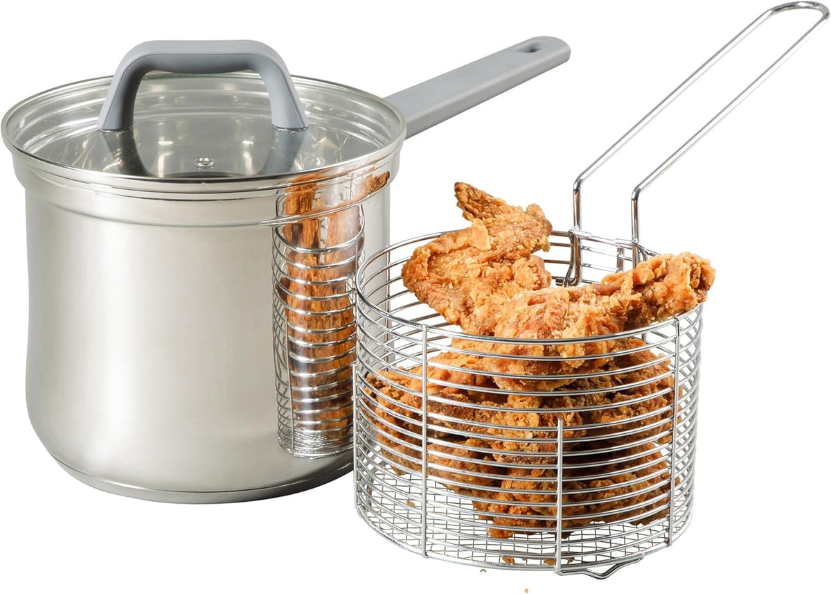 🍟 Personal Mini Deep Fryer Set – 3.65-Quart Stainless Steel Deep Fryer Pot with Basket & Glass Lid – Induction, Oven & Dishwasher Safe