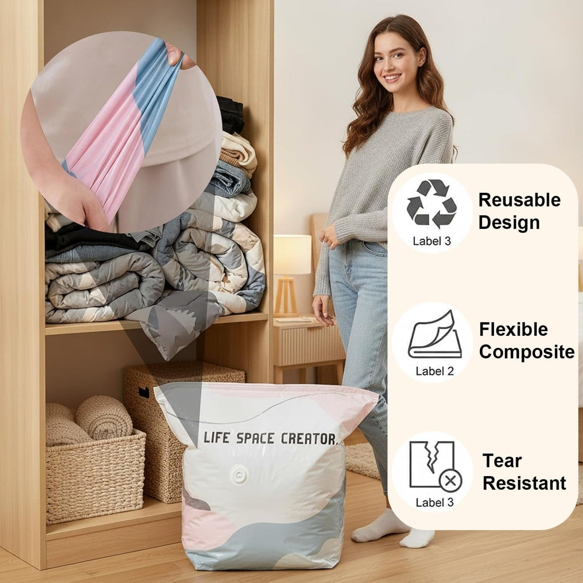 2026 New No Pump Large Vacuum Storage Compression Bags,Thick and Airtight Reusable Organizer Suitable for Clothes